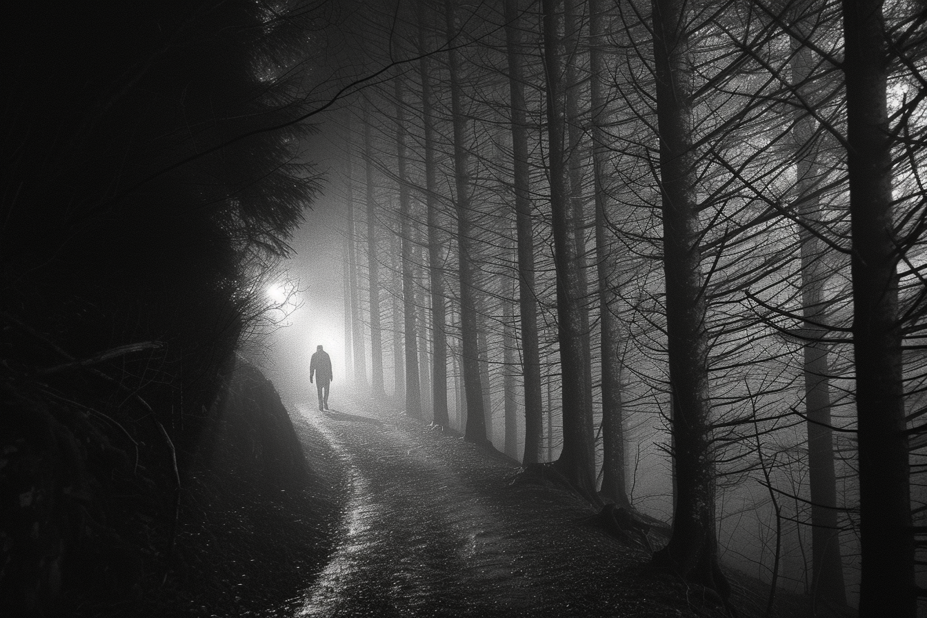 Foggy forest path with lone figure