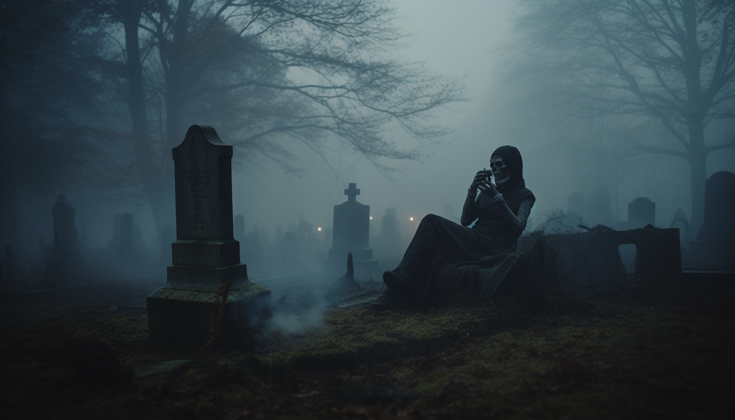 Humorous skeleton in foggy graveyard