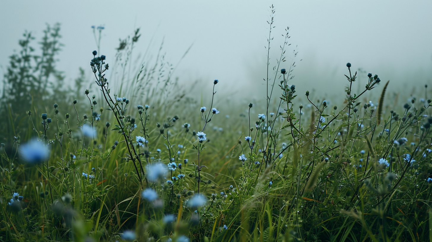 Aerial View of Foggy Green Field with Blue Flowers