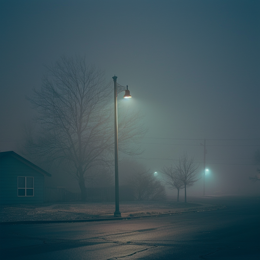 eerie foggy night scene