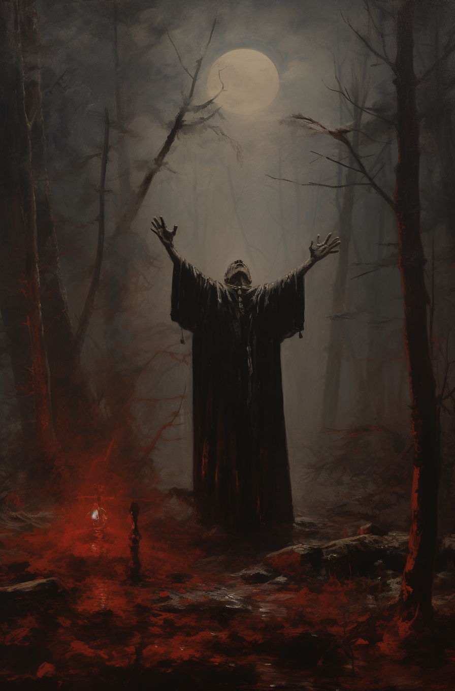 Foggy forest priest pagan ritual painting