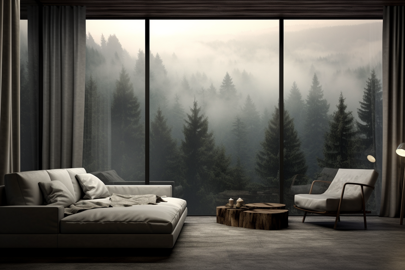 Contemporary interior with foggy pine forest view