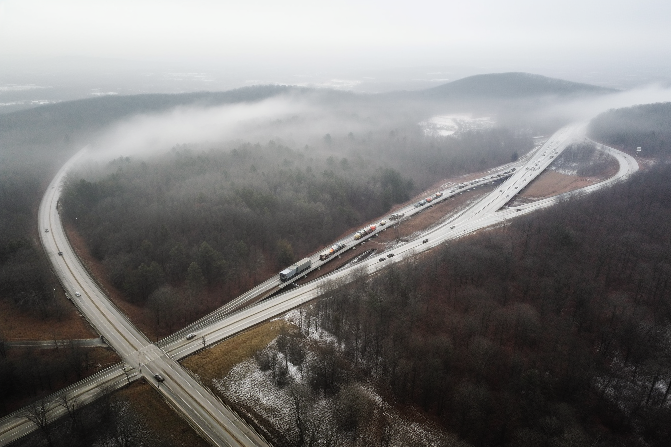 Dense fog over Appalachian mountains, with heavy traffic.