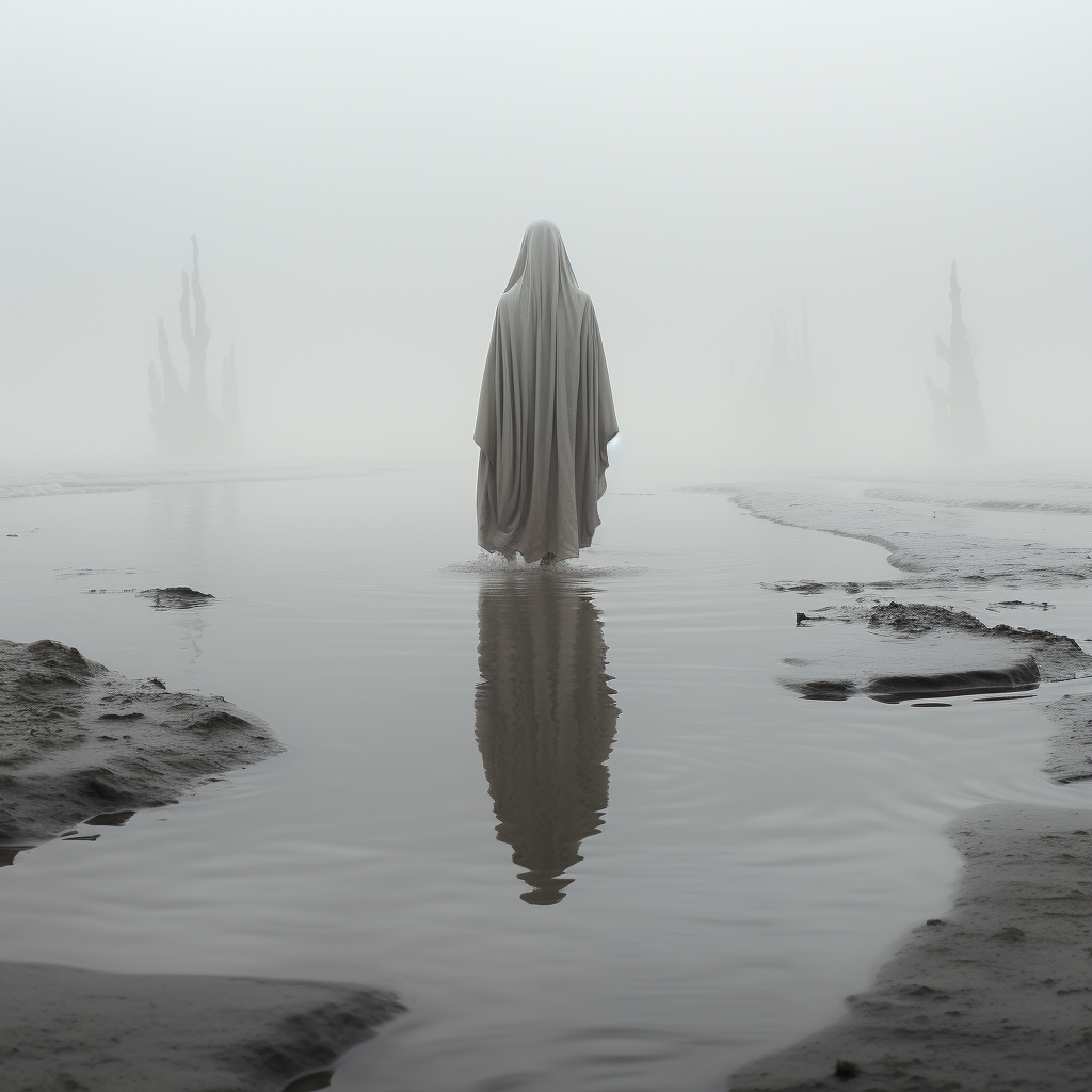 Woman in white dress on foggy beach with small puddles