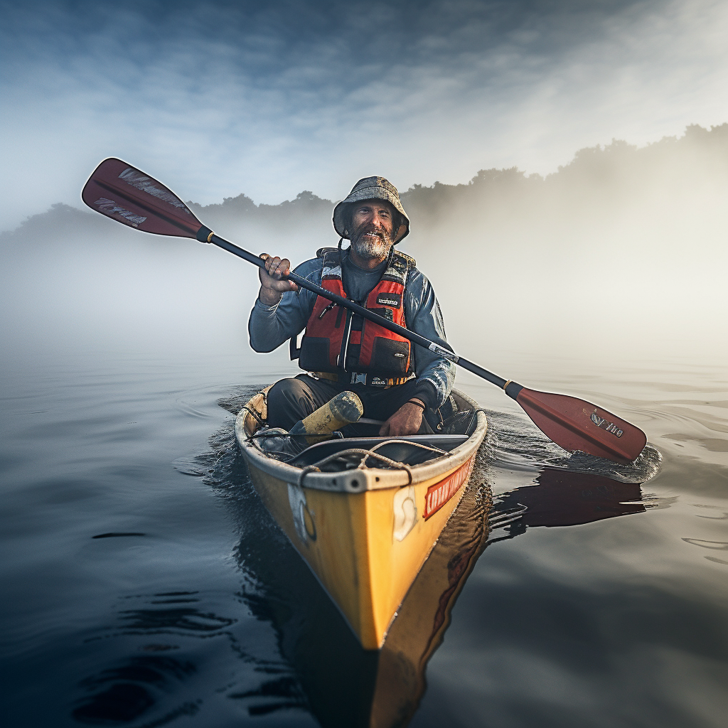 Middle-aged man in canoe paddling through dense fog