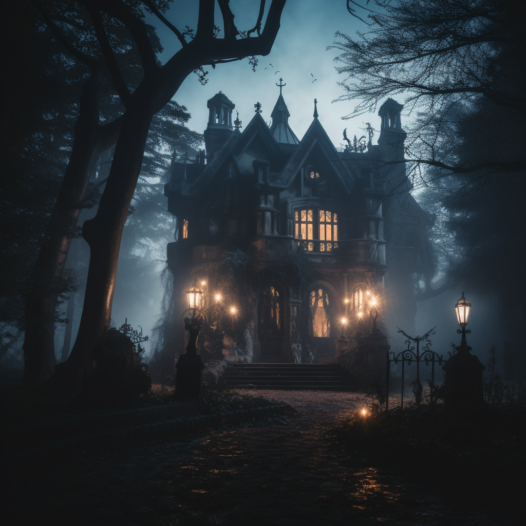 Foggy Gothic Mansion with Burning Candles