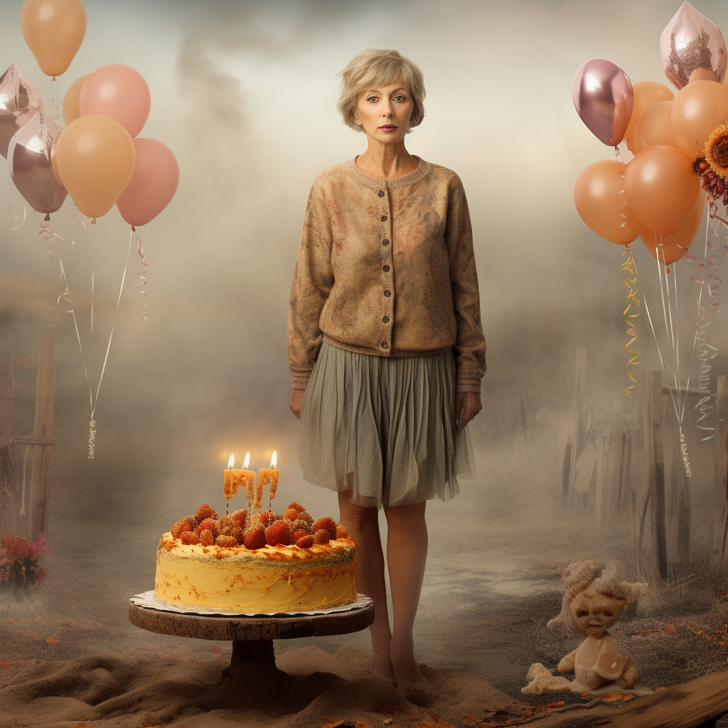 Expressive woman with birthday cake in foggy landscape