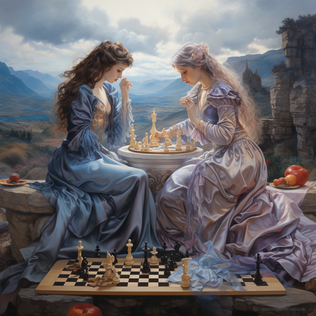 Two women playing chess in a foggy landscape