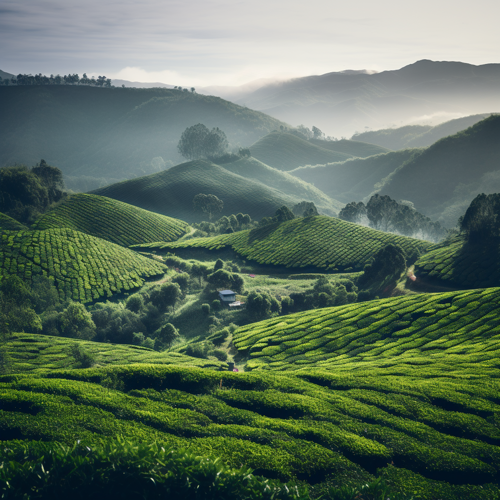 Scenic foggy tea plantation in the mountains