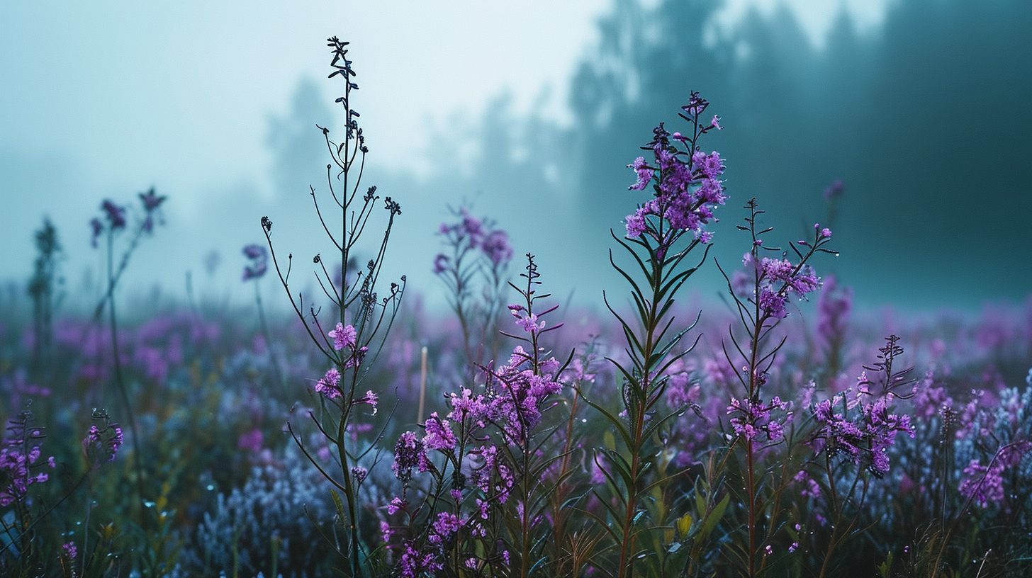 Foggy purple flowers in a field