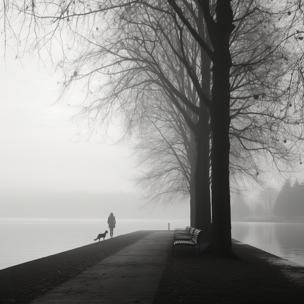 Lady walking her dog by the lake