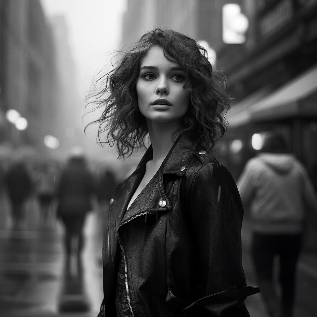 Girl looking up in foggy street scene