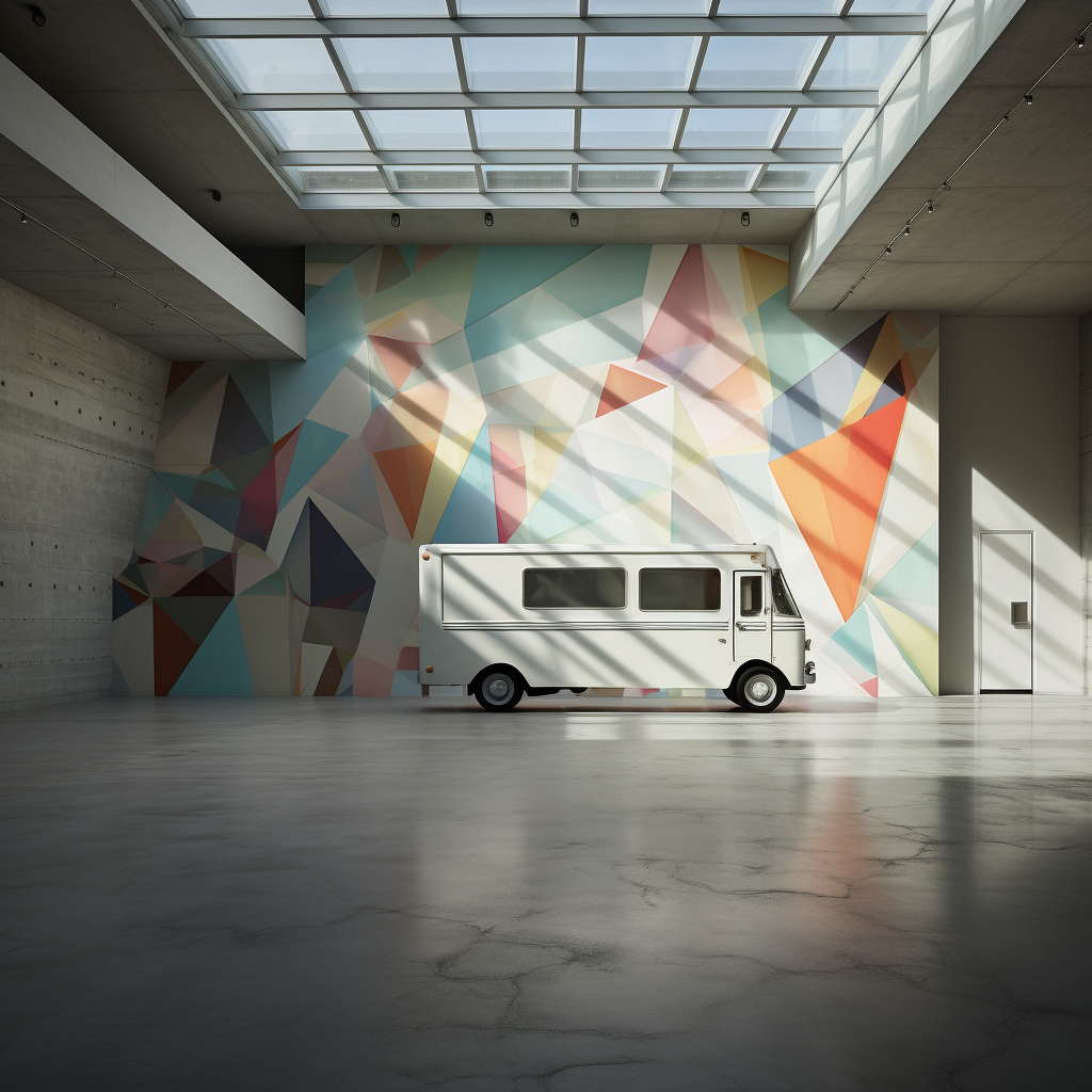 Abstract folded paper ice cream truck in industrial setting