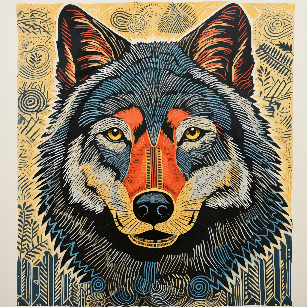 Folk Art Wolf Linocut Print