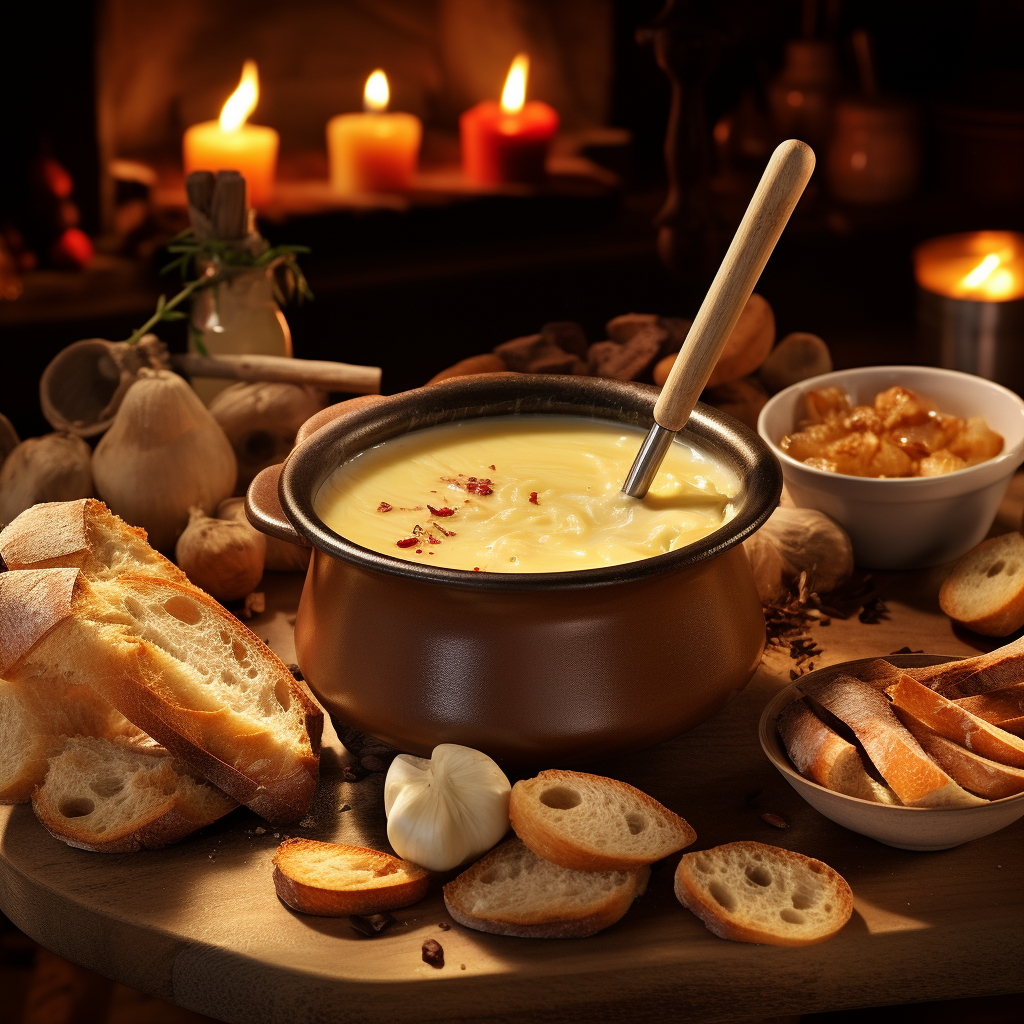 Pot of Fondue with Baguette Slices