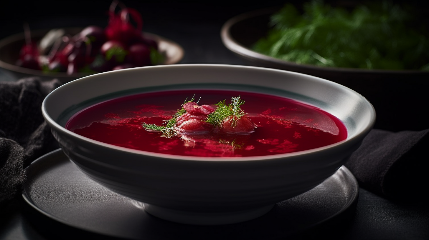 A luxurious Michelin kitchen with depth of field in food photography of Borscht