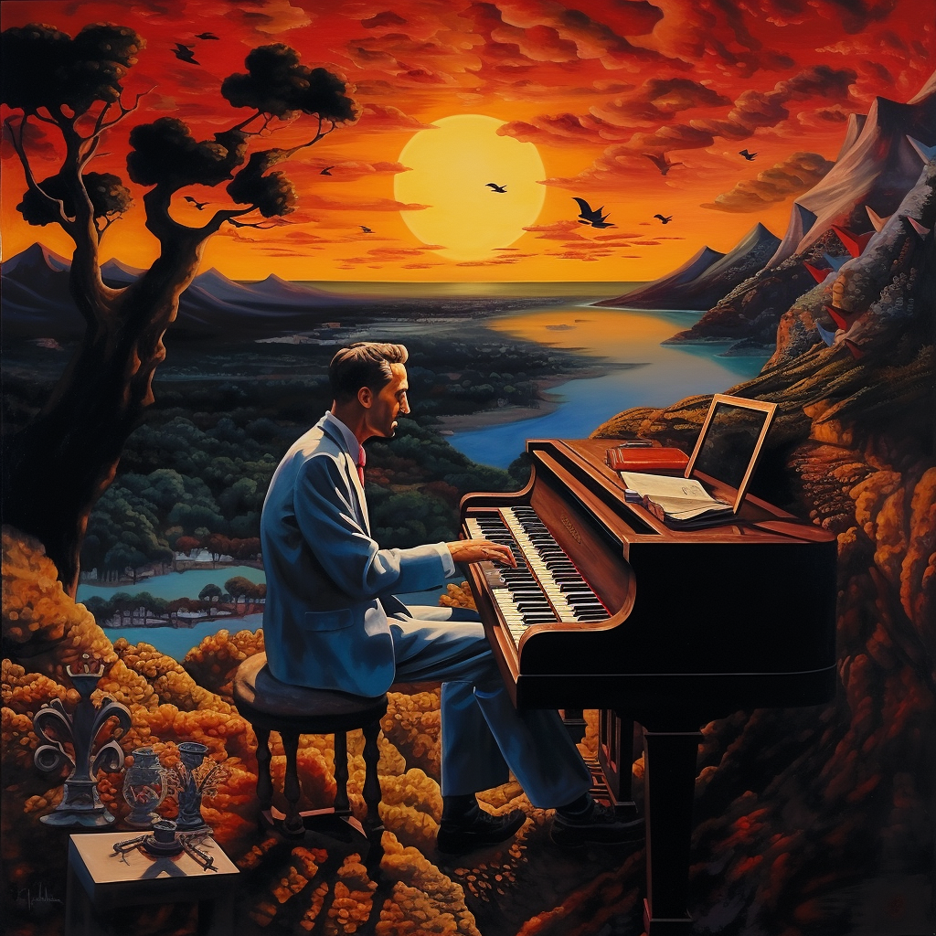 Fool on the Hill playing piano at sunset