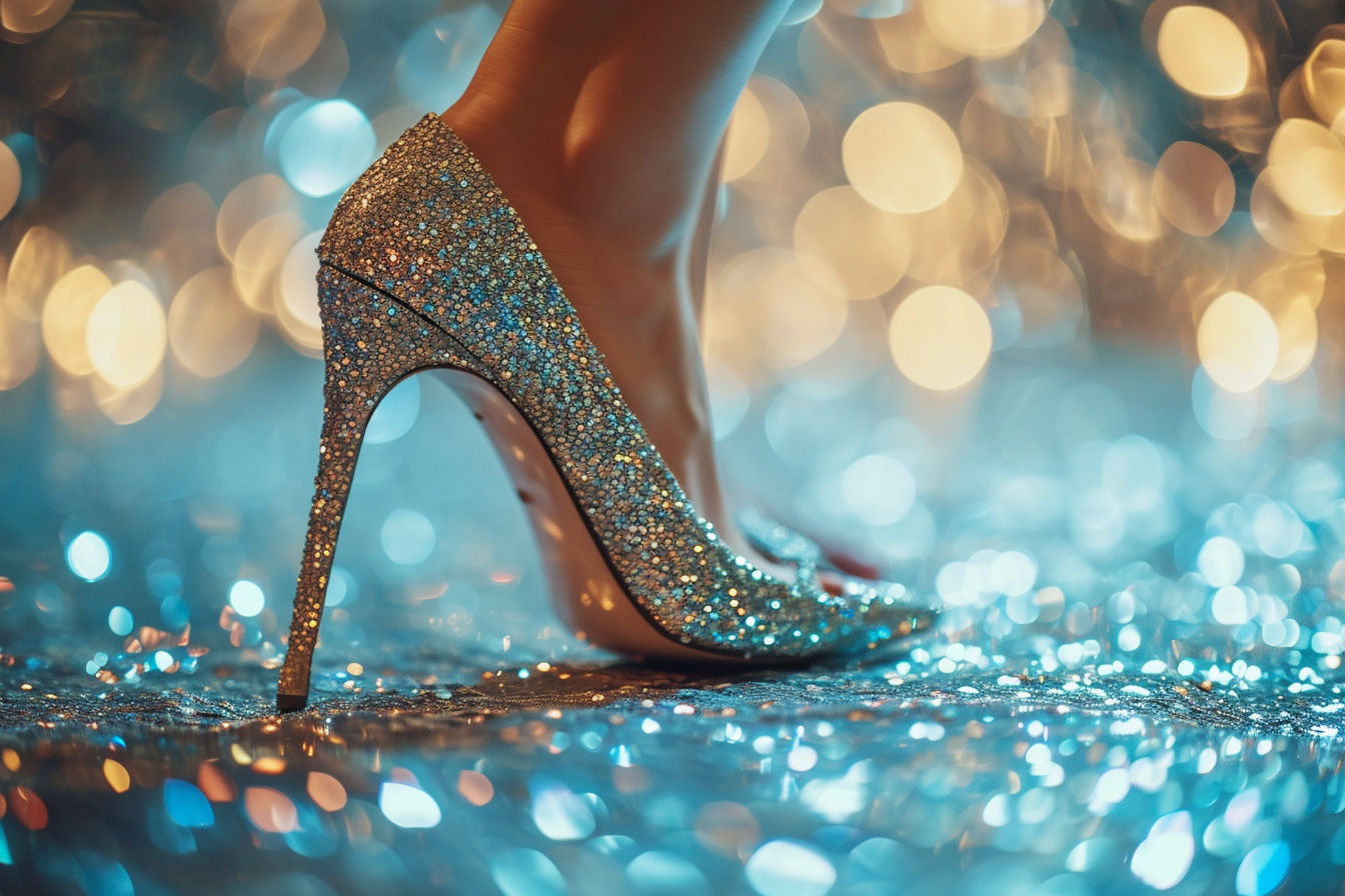 Foot model showcasing painted white toes and glittery high heels