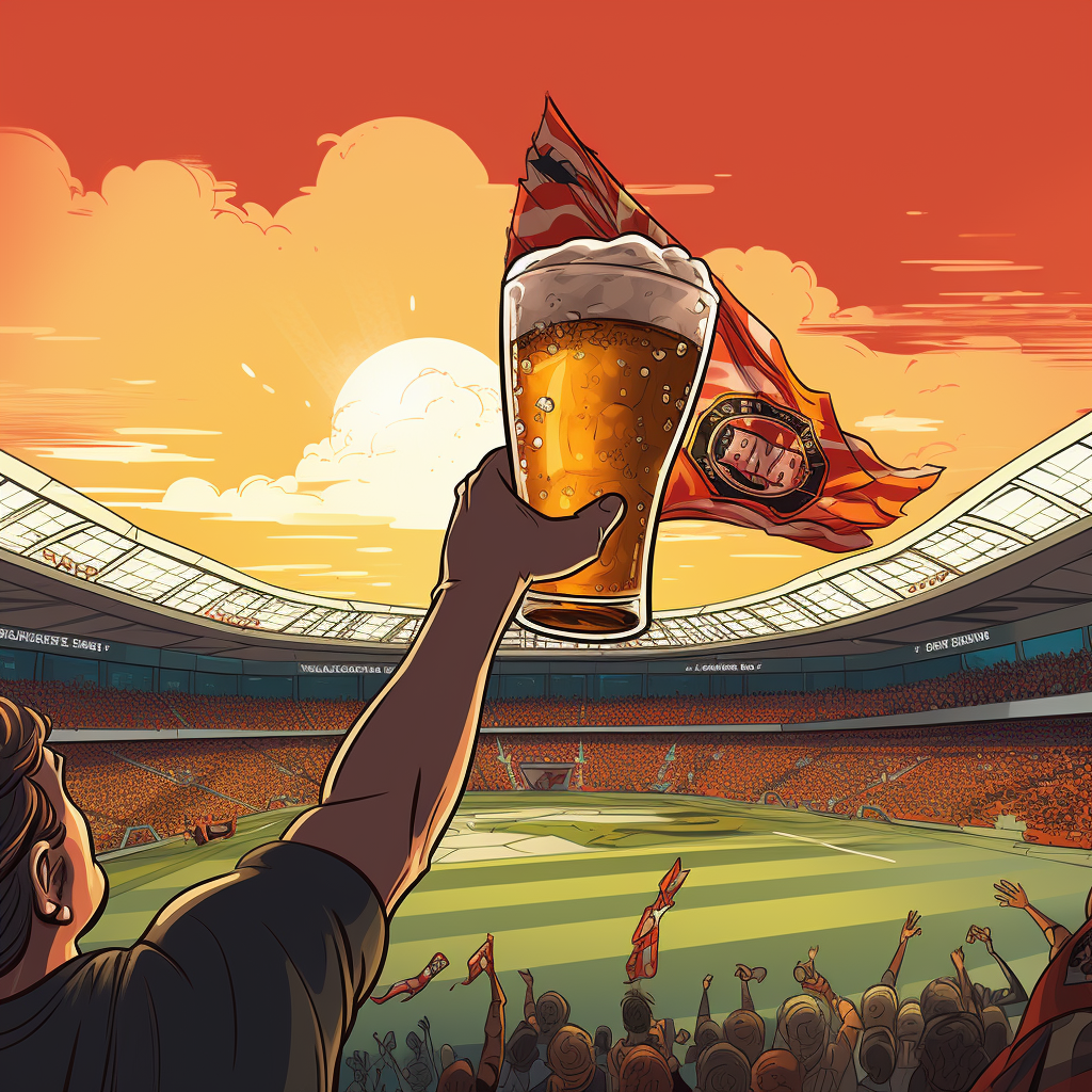 Football fan waving flag with beer glass print