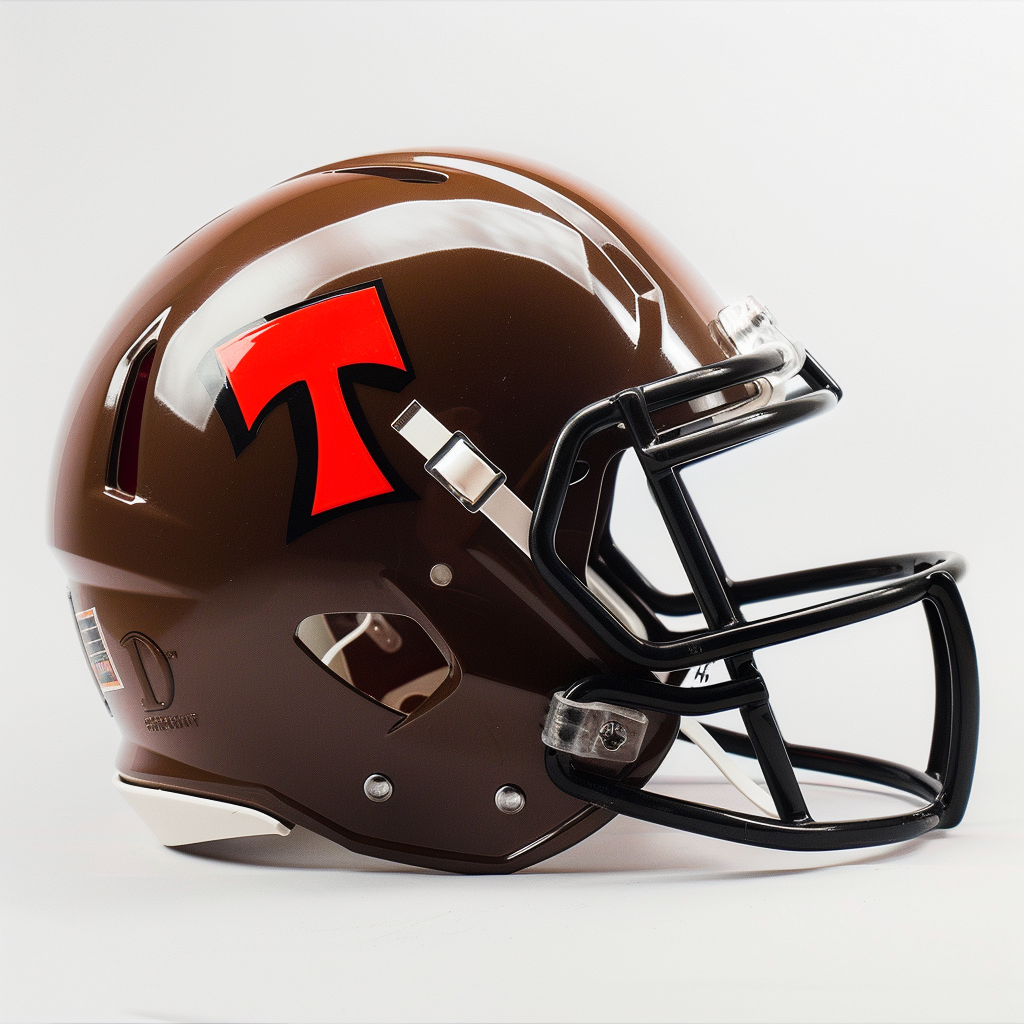 Brown football helmet with red axe logo