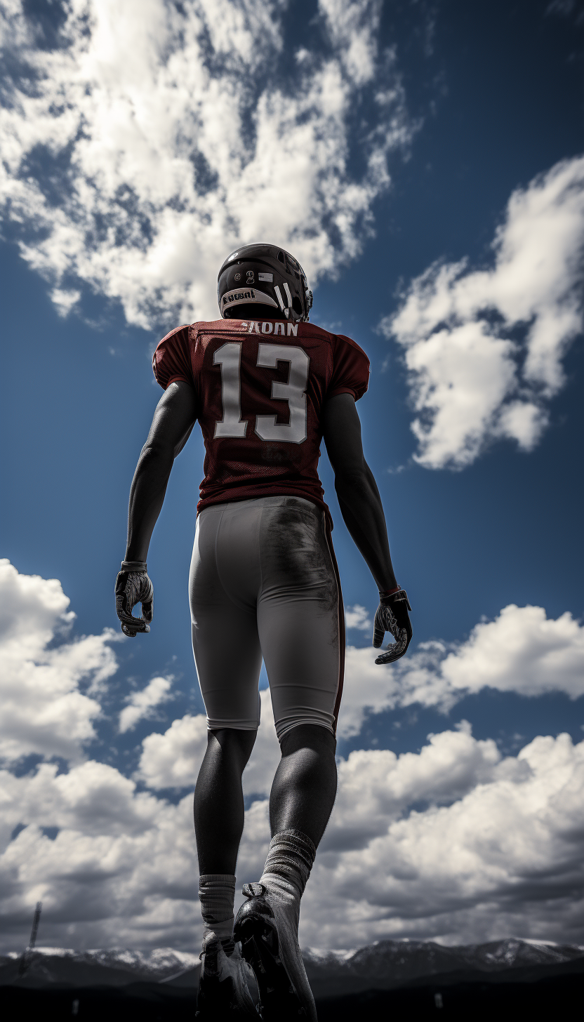 Rear view of high school football player