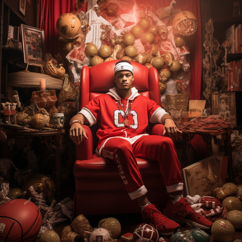 Football player in red jersey sitting on throne