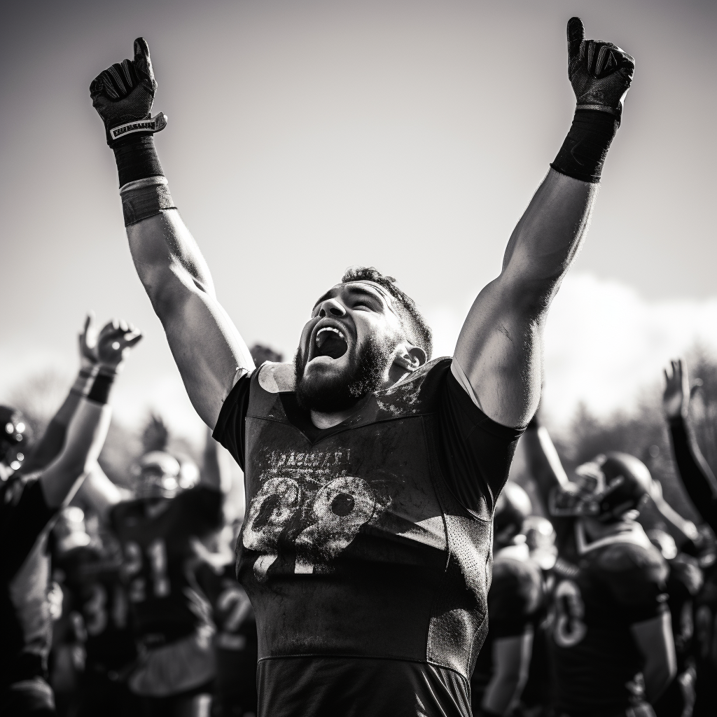 Football player celebrating win with hands in the air