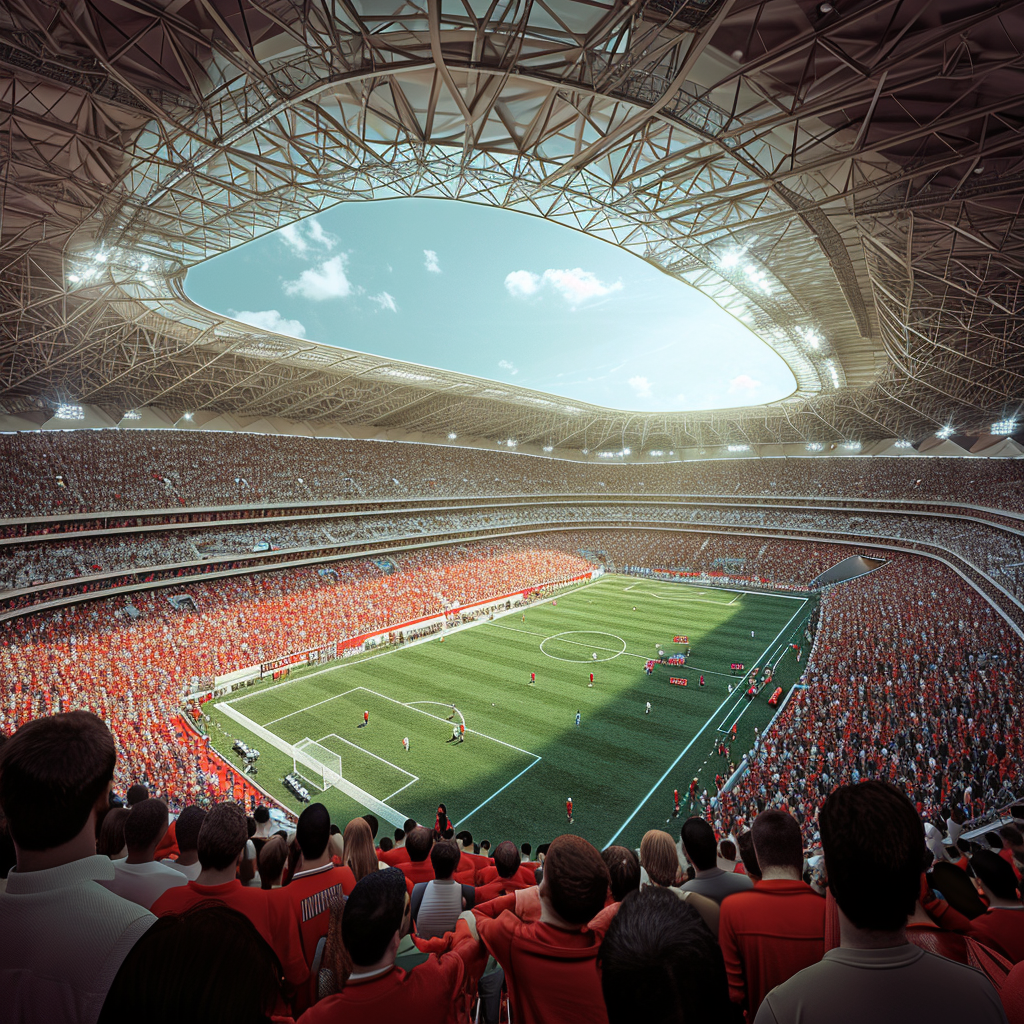 Football stadium with crowd in red and white attire