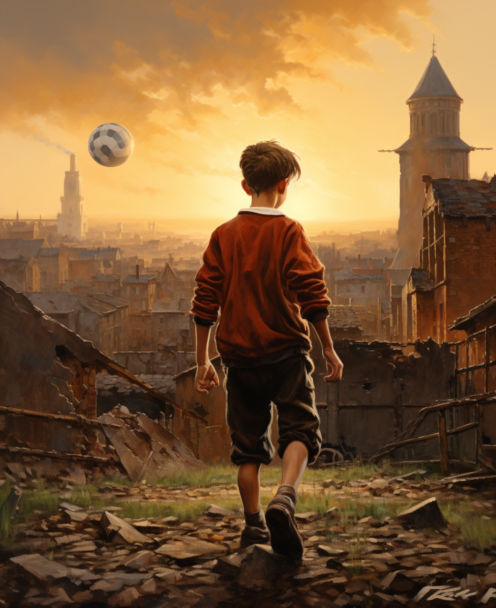 A boy kicks the football at sunset