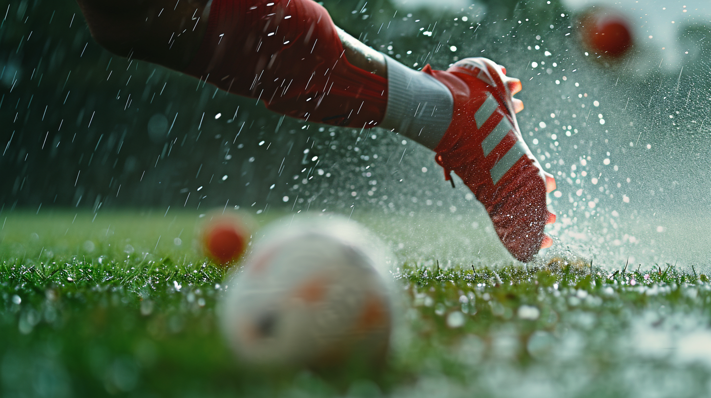 Adidas football boots kicking ball on rainy pitch