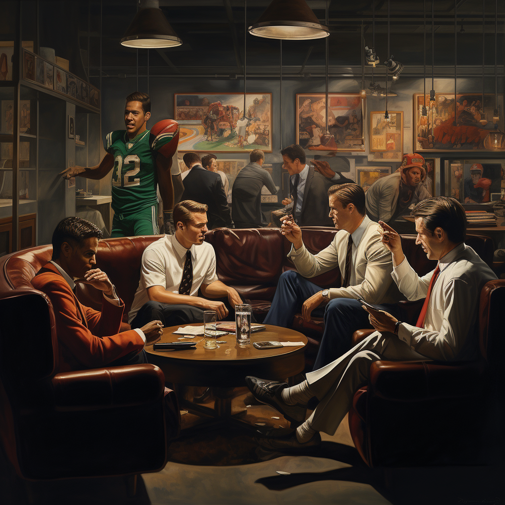 Football coaches in jazz lounge with moody lighting