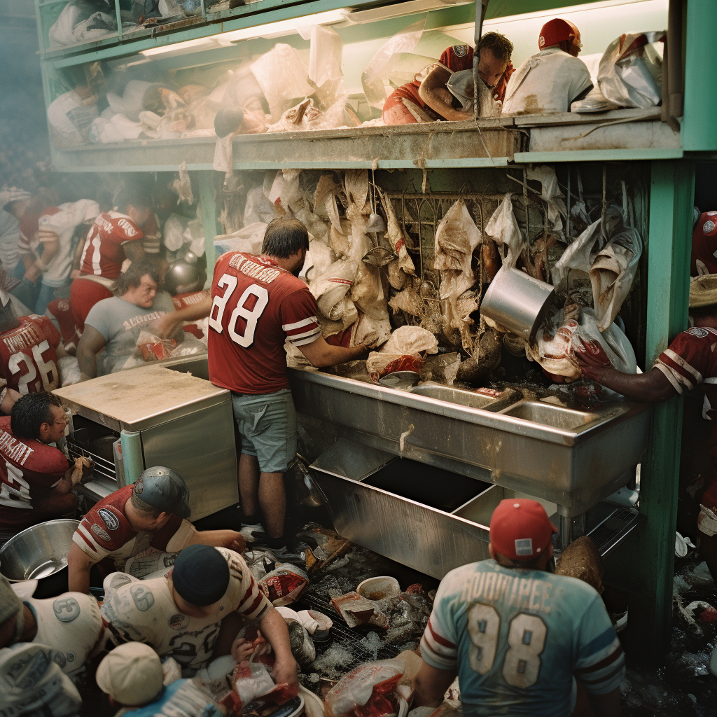 Football fans surrounding a dishwasher in stands