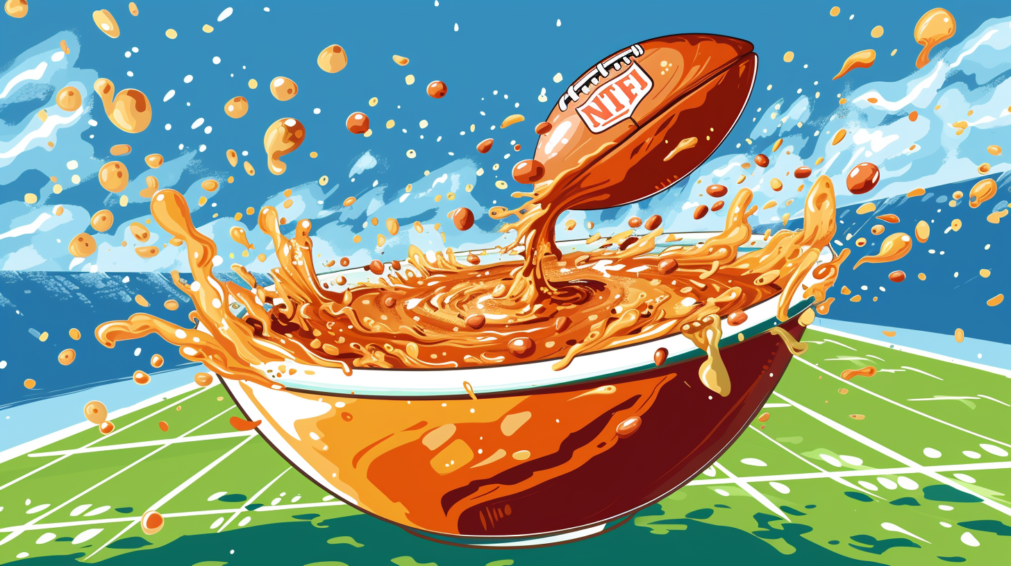 Cartoon football flying out of soup bowl