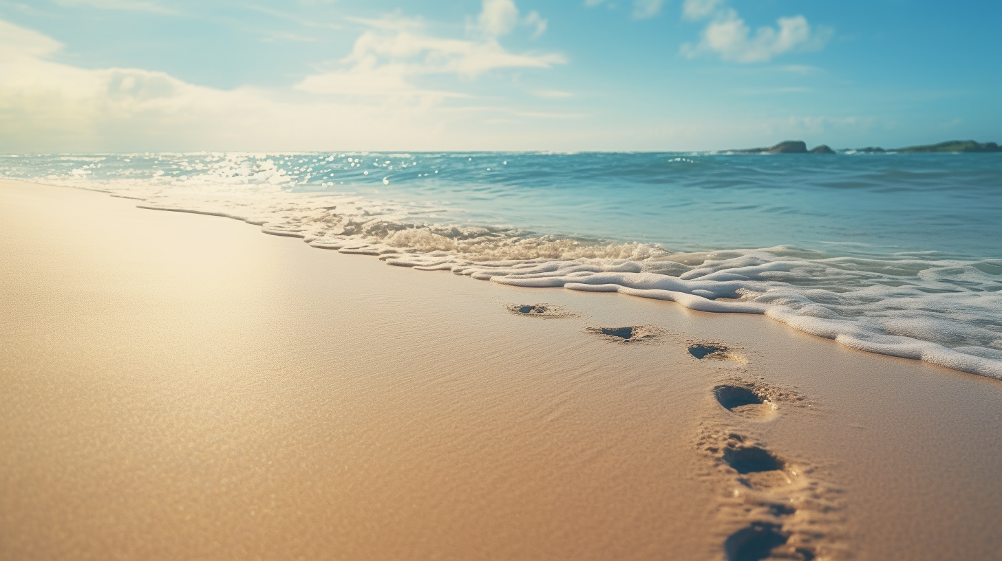 Footprints in Sand with Bright Blue Ocean and Sun