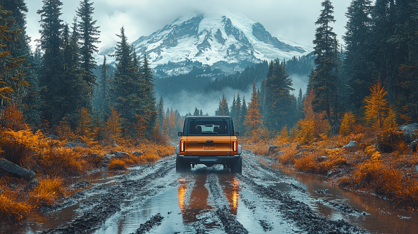 Ford Bronco on mountain with rainier background