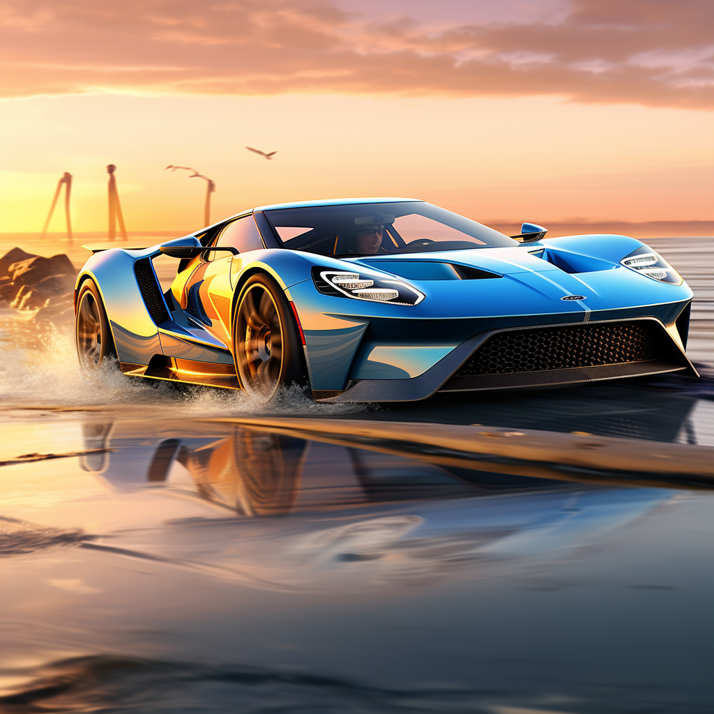 Photorealistic image of a Ford GT racing on the ocean at dawn