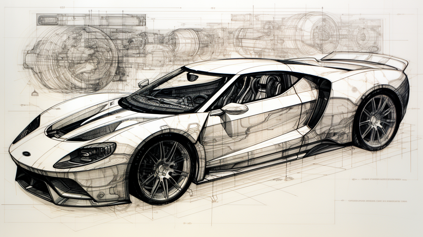 Pencil sketch of Ford GT parts