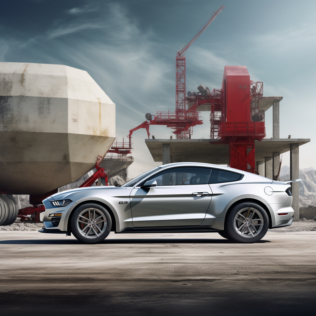 Ford Mustang EV next to Concrete Truck