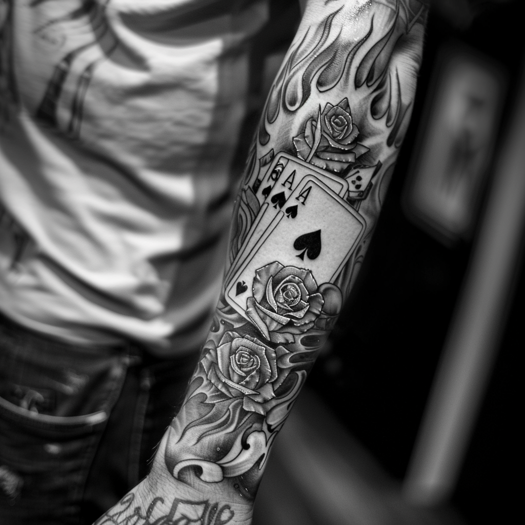 Man forearm tattoo poker aces