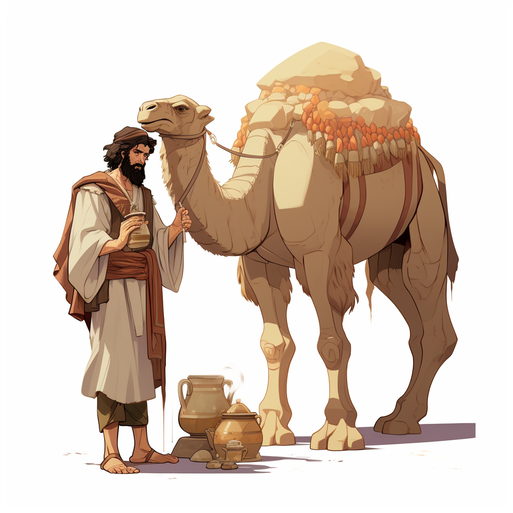 Isometric drawing of foreign merchant and beduin with camel