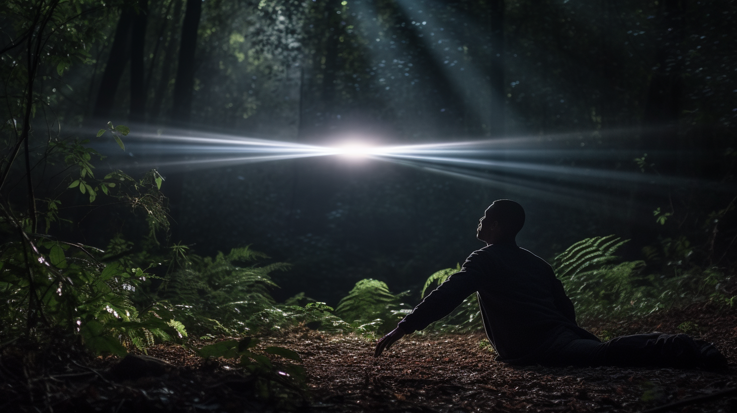 Man trying to escape UFO in dark forest