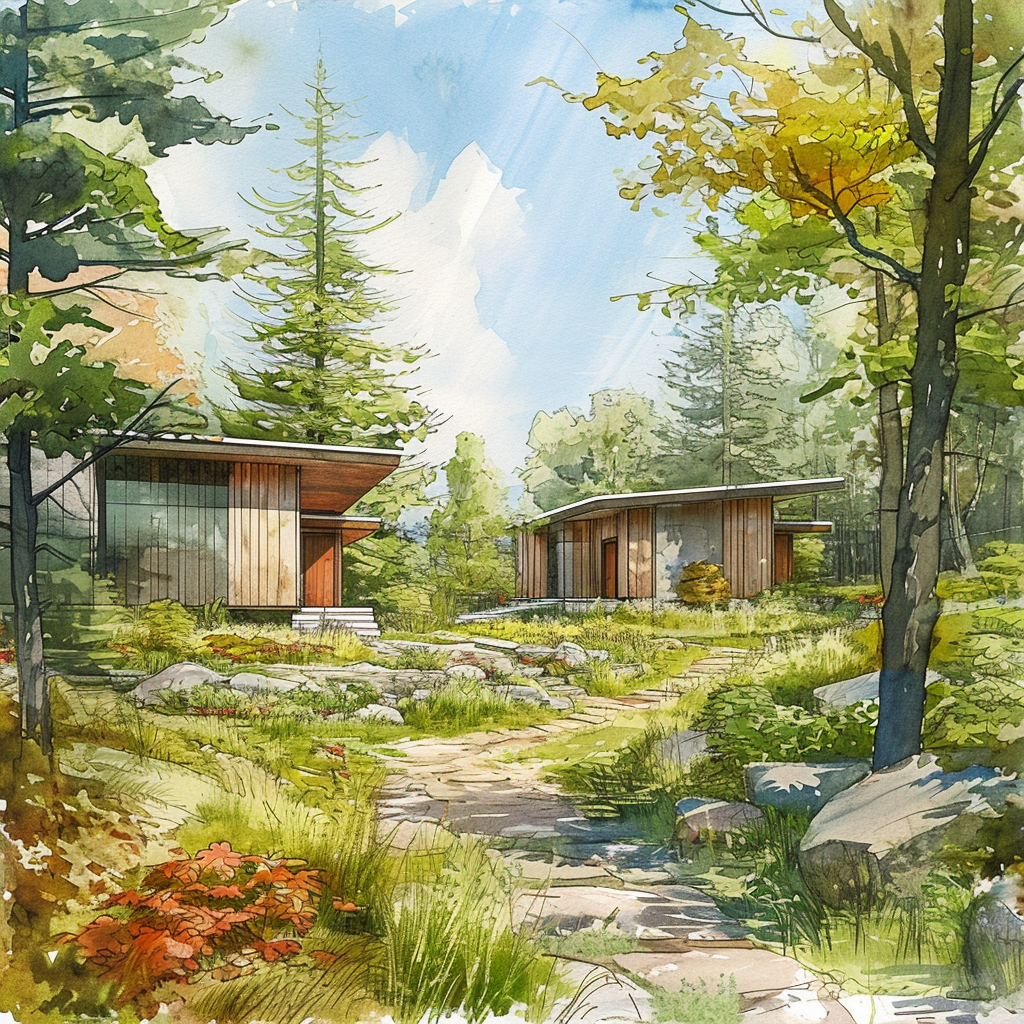 Watercolor rendering of forest cabin with vegetable gardens