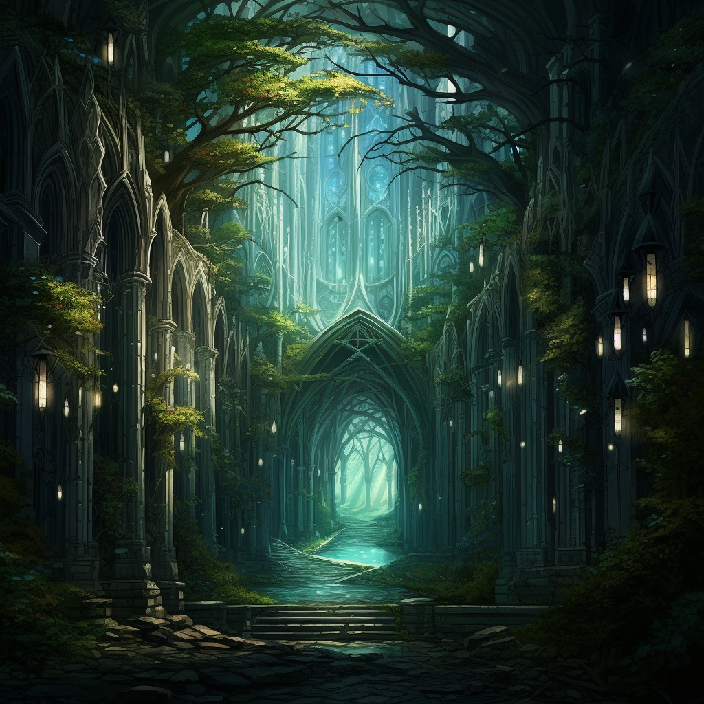 Enchanting forest cathedral surrounded by towering trees