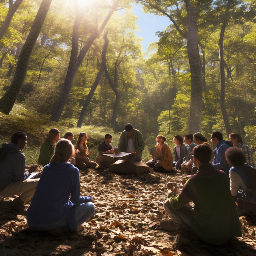 Diverse group forming circle in forest clearing with keys and books