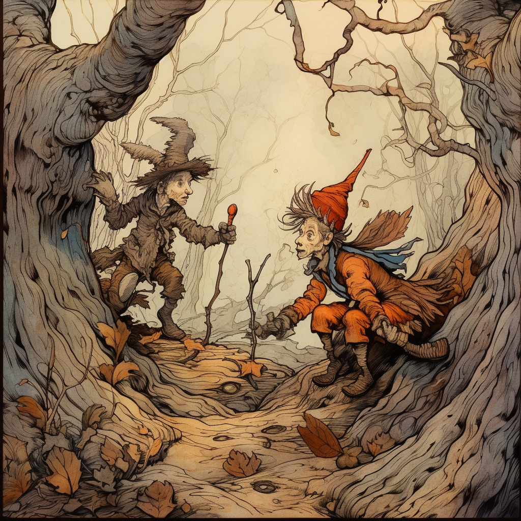 Two clowns hunting squirrels in the forest