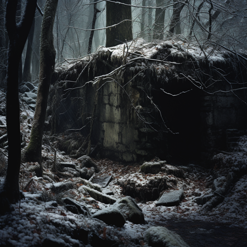 Mysterious forest with crumbling snowshed