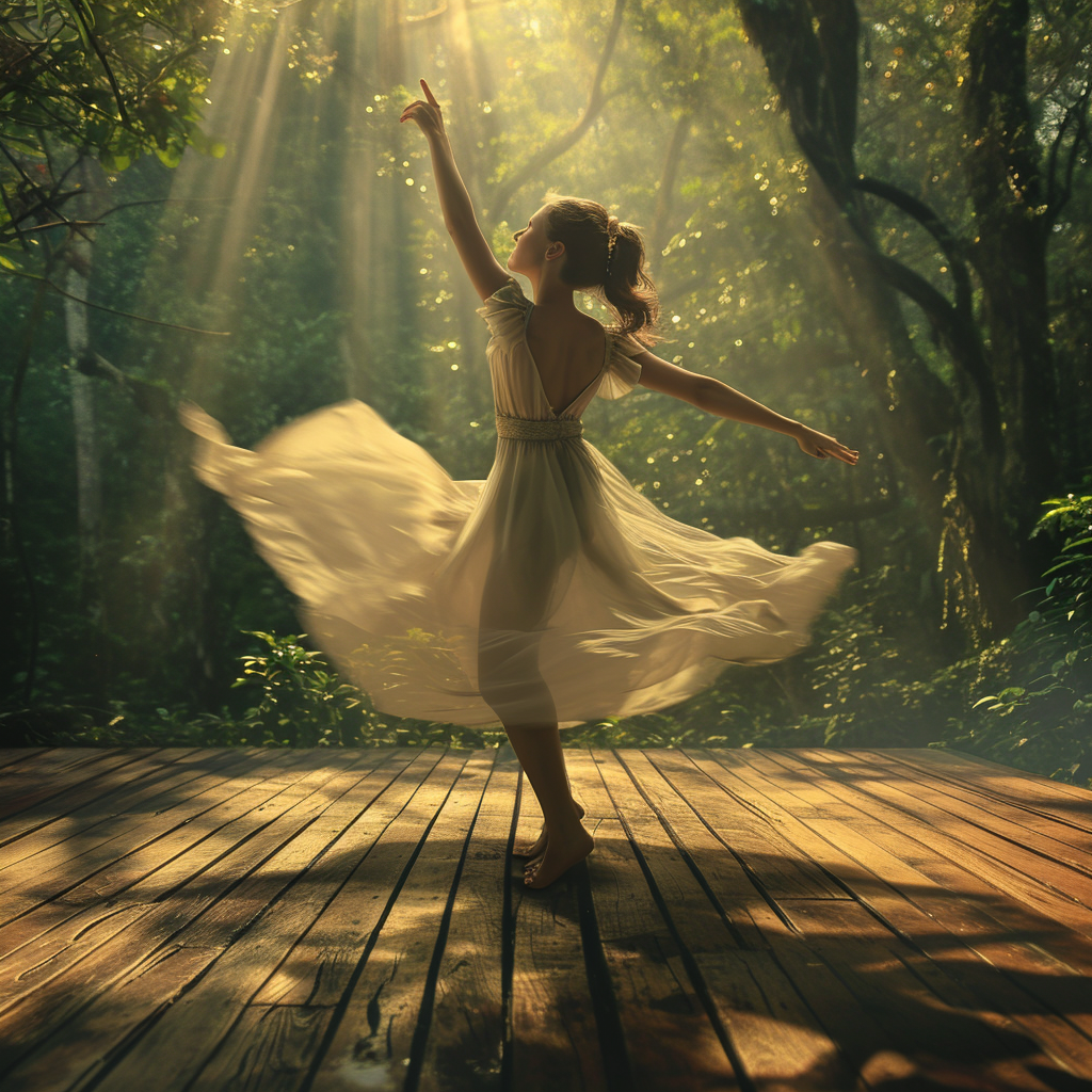 Woman dancing in green forest