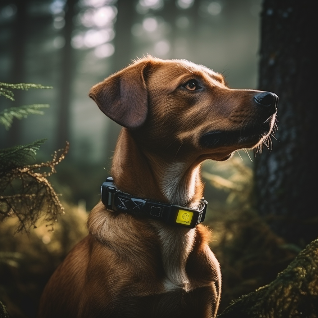 Dog with GPS tracker collar sniffing tree