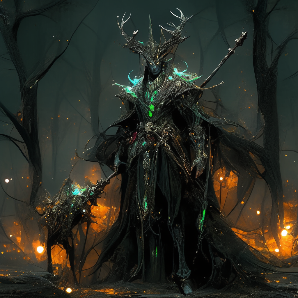 Grimdark forest elf king with horned crown and fanged amulet