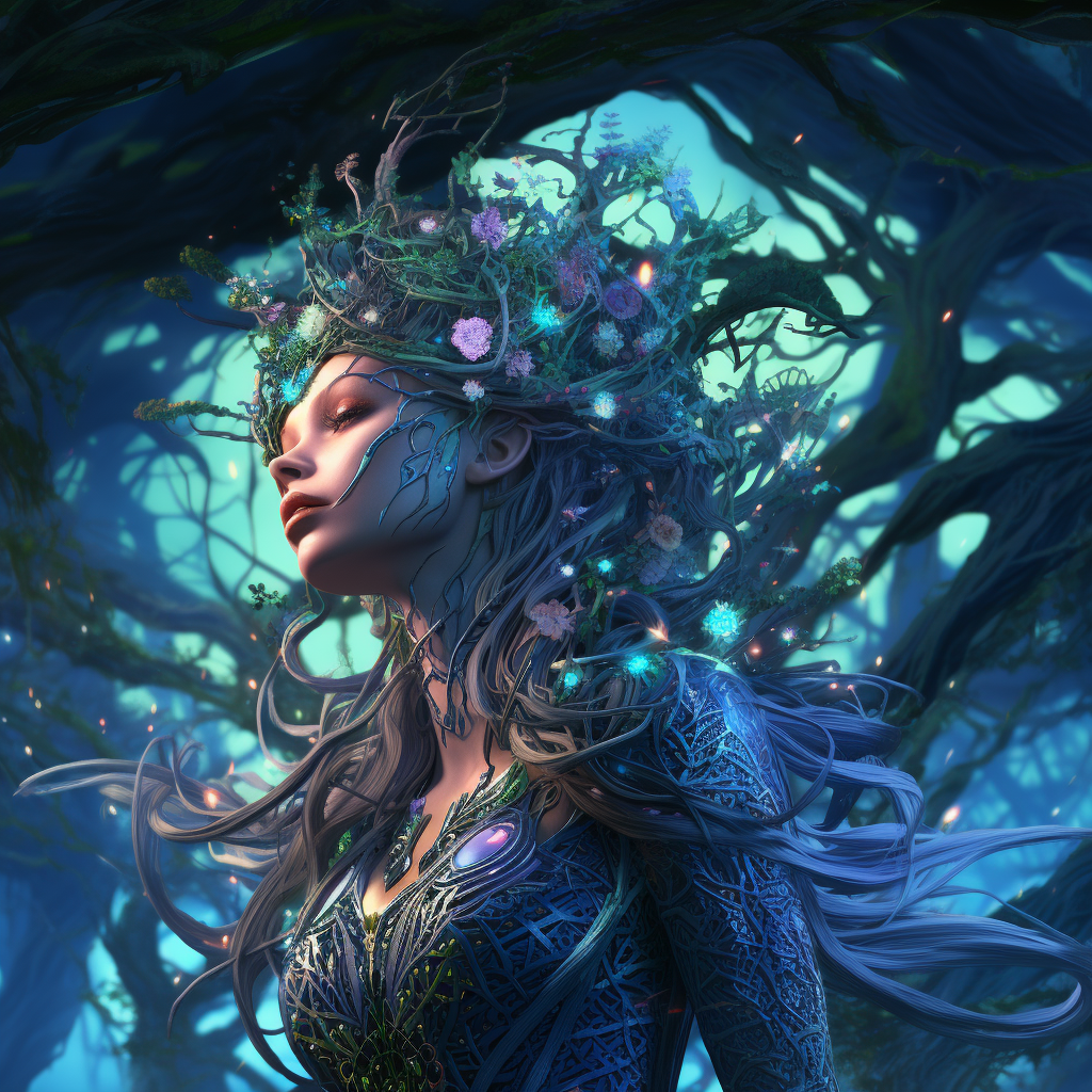 Woman enveloped in magical forest